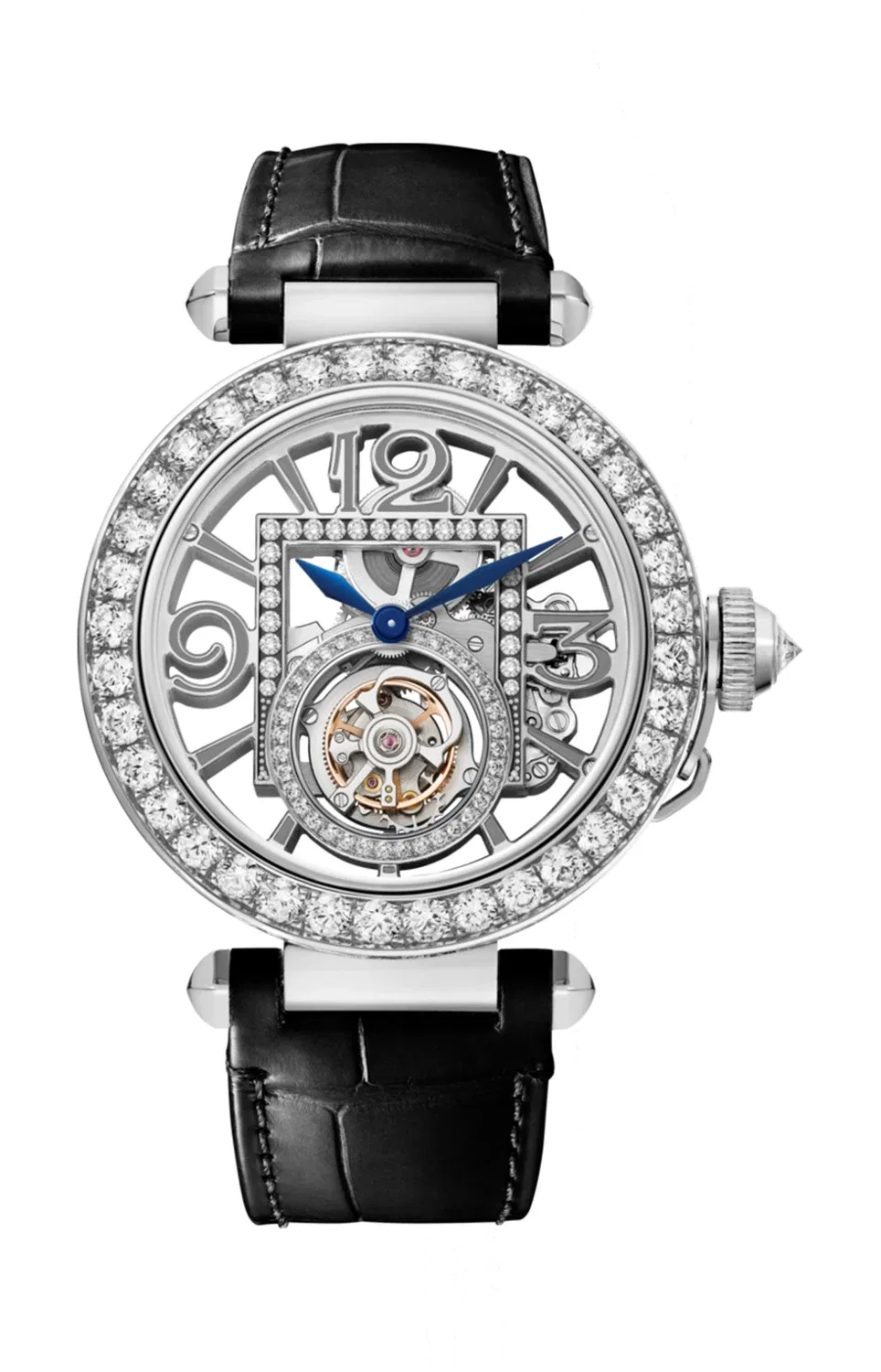 PASHA DE CARTIER 41 мм, механический завод, белое золото, бриллианты, скелетонизированный циферблат, турбийон, 2 сменных ремешка - HPI01435, золотой