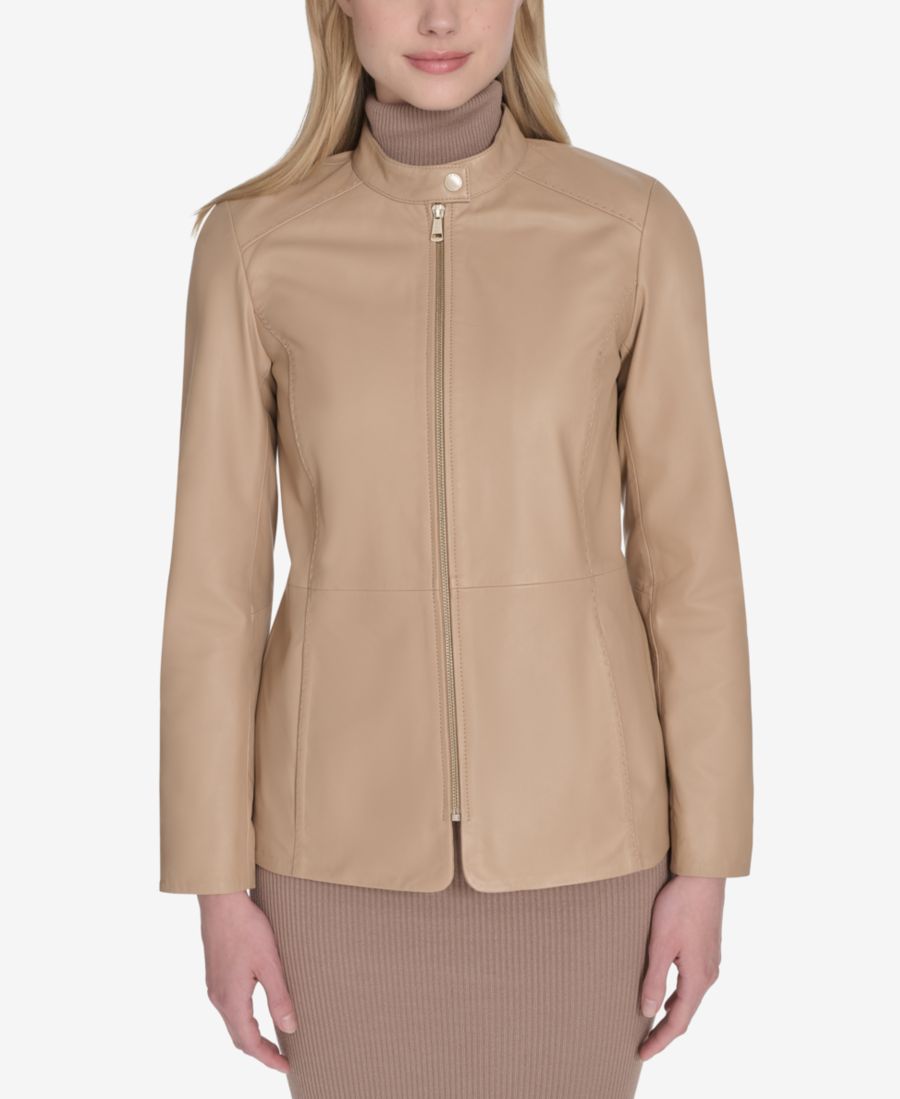 

Женская кожаная куртка с воротником-стойкой и ручной вышивкой Cole Haan, Sesame