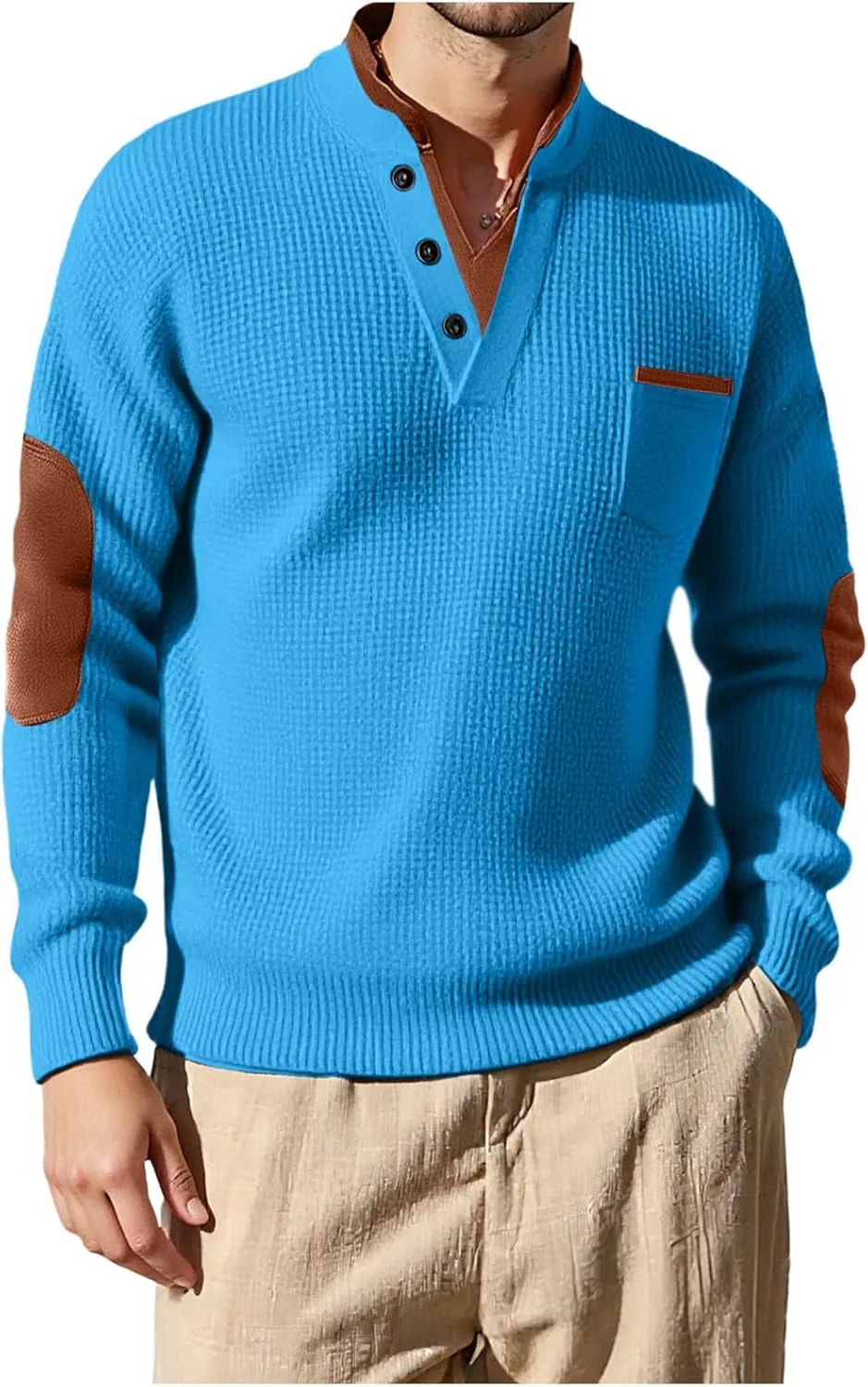 

Мужской свитшот с воротником стойкой, вязаный, с заплатками на локтях