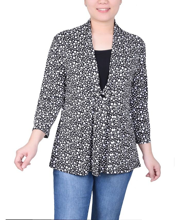 

Топ Petite с объемным принтом и рукавами 3/4 Two-Fer NY Collection, цвет Black Multi Square