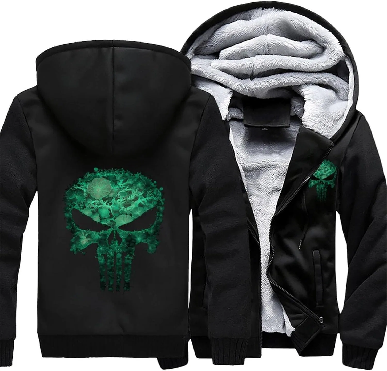 Мужская толстовка на молнии Green Punish1 Skull Trendy из плотного флиса с капюшоном — фото 3