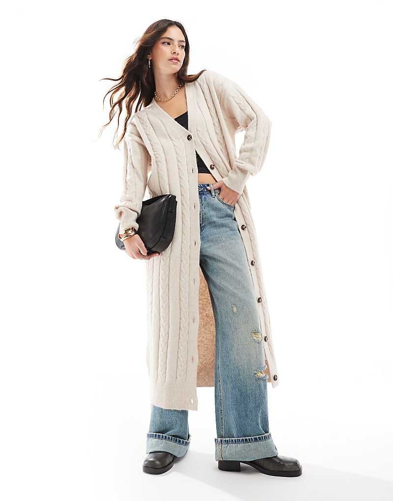 

ASOS DESIGN – Кремовый макси-кардиган вязанной косой вязки