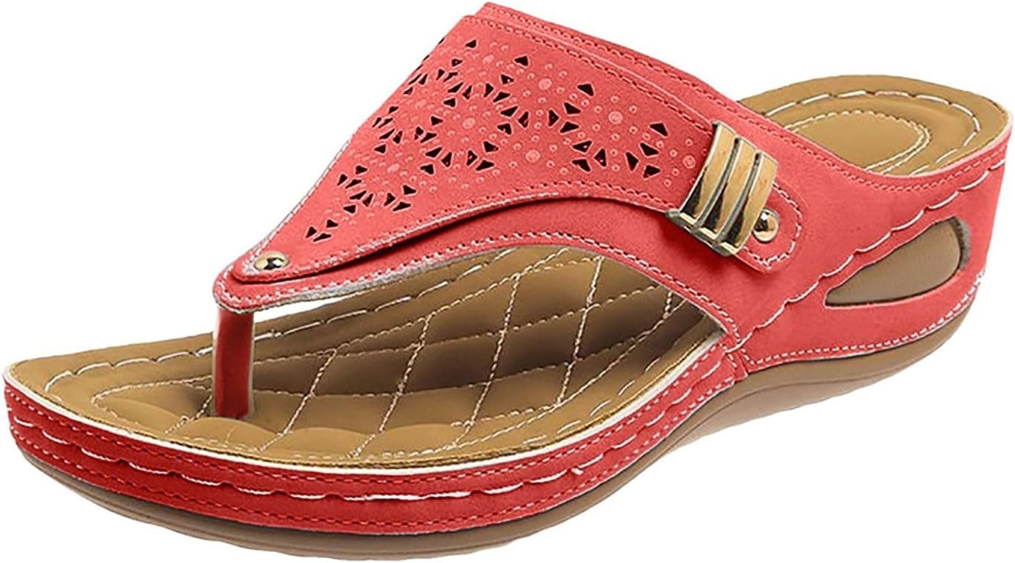 

Женские сандалии с поддержкой свода стопы, ортопедические тапочки, винтажные слипоны, ортопедические шлепанцы на плоской подошве, вырезные нарядные шлепанцы, летние повседневные сандалии с открытым носком и танкеткой Zwrxw, красный