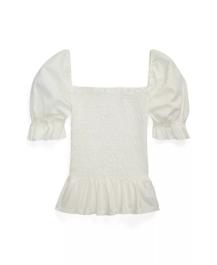 

Топ с плиссированной кокеткой и баской Big Girls Polo Ralph Lauren, белый