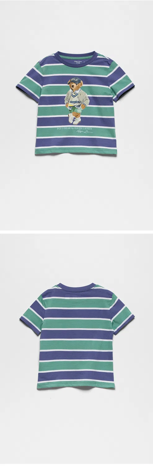 Детская футболка Polo Ralph Lauren Children с медведем и полосками, зелёная — фото 3