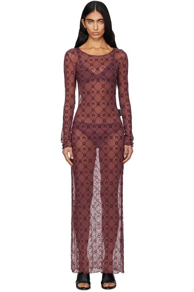 

Marine Serre Платье-Макси бордового цвета с сетчатым ворсом и лунным рисунком
