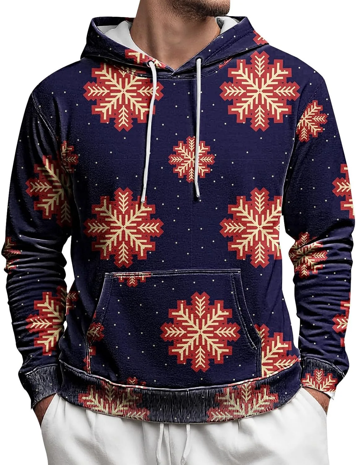 

Мужской рождественский худи с узором снежинки, длинный рукав, карман, оверсайз