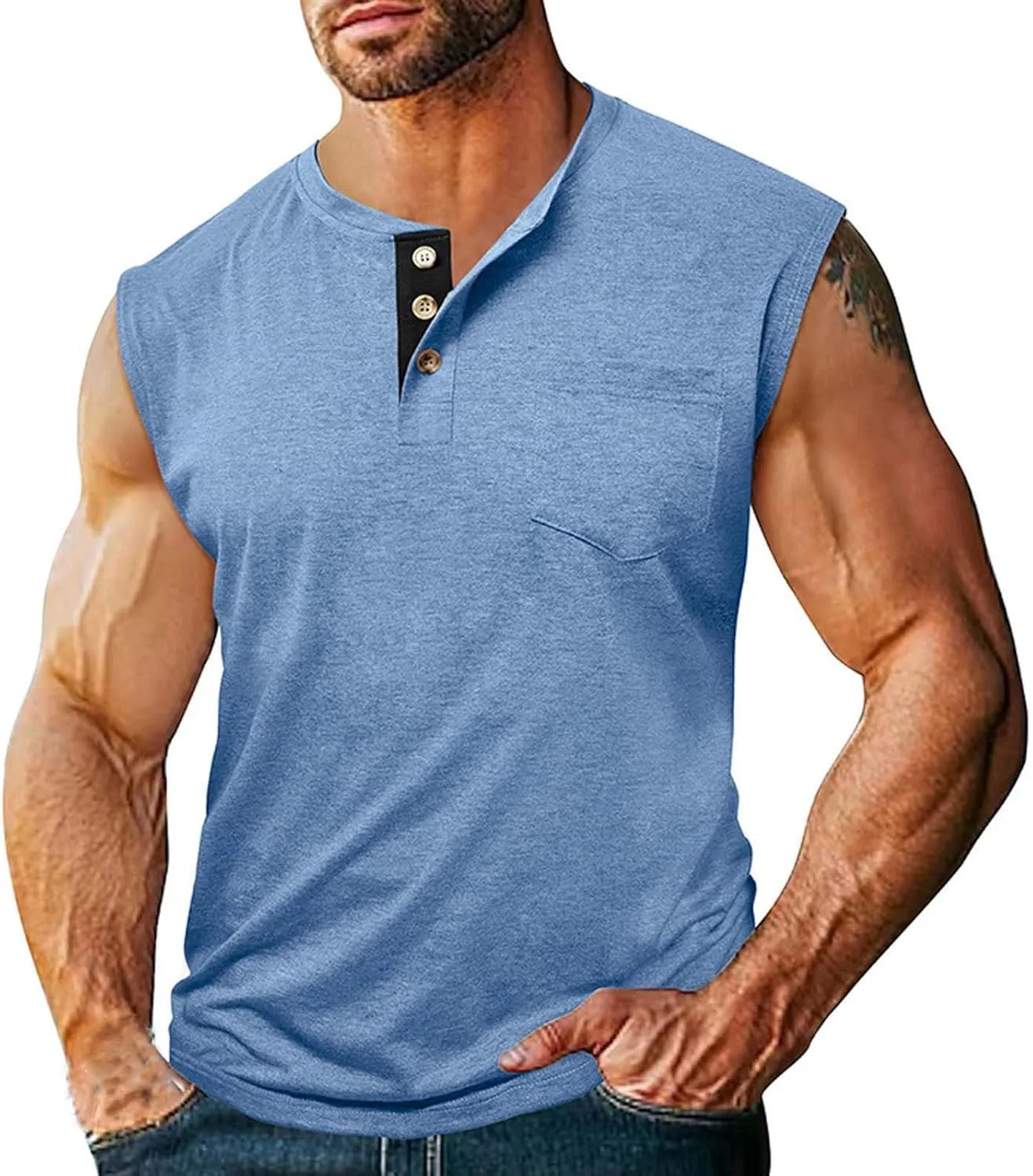 Футболка Henley для мужчин, безрукавная, оверсайз