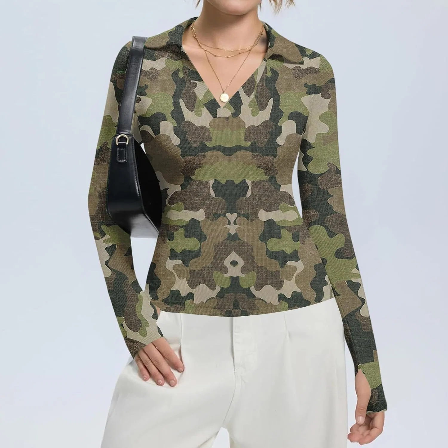 Активная футболка женская с v-вырезом, длинным рукавом, Army Green — фото 2
