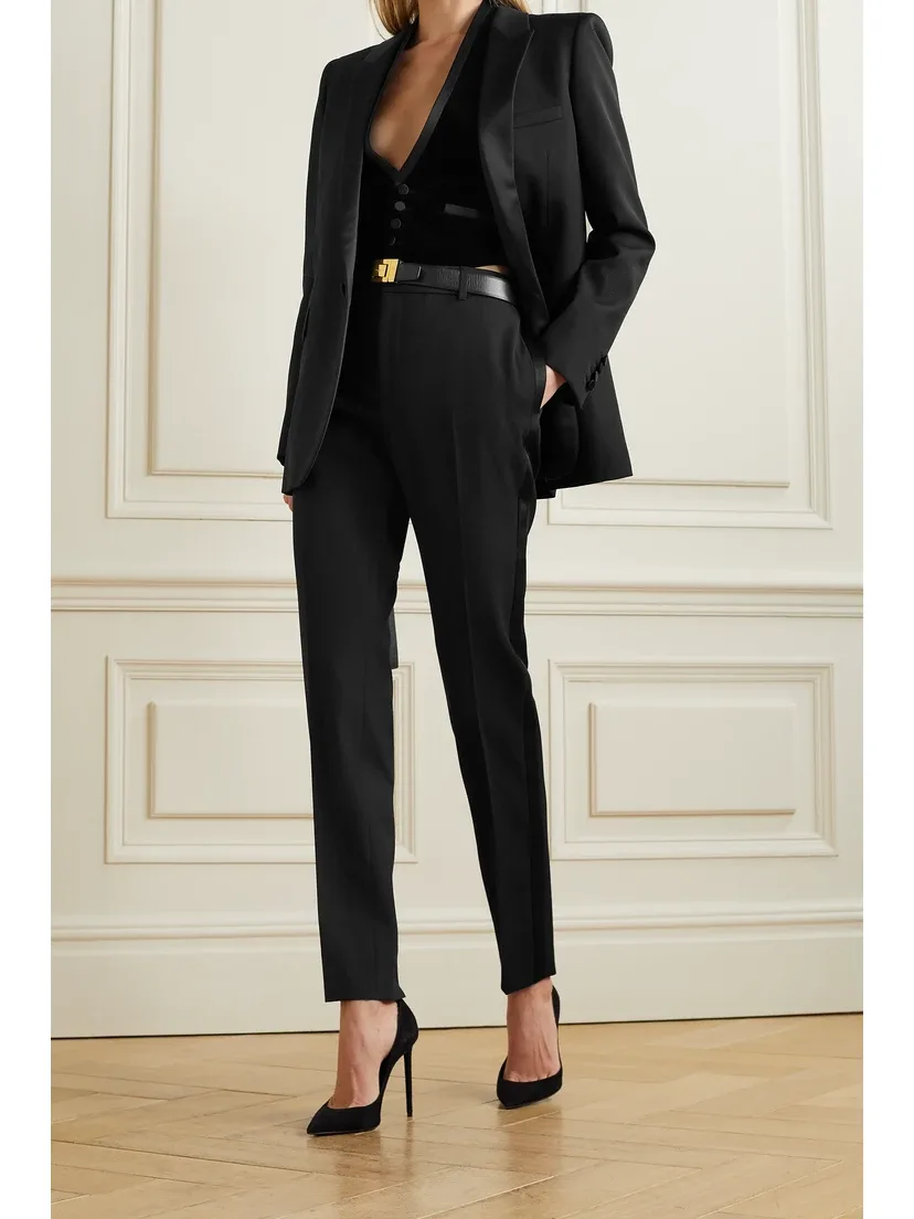Блейзер из шерсти grain de poudre с атласной отделкой Tube SAINT LAURENT, черный — фото 2