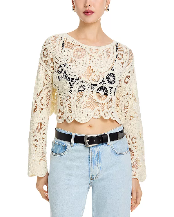 

Вязаный крючком топ с длинными рукавами и узором «пейсли» - эксклюзивный вариант. Aqua, белый