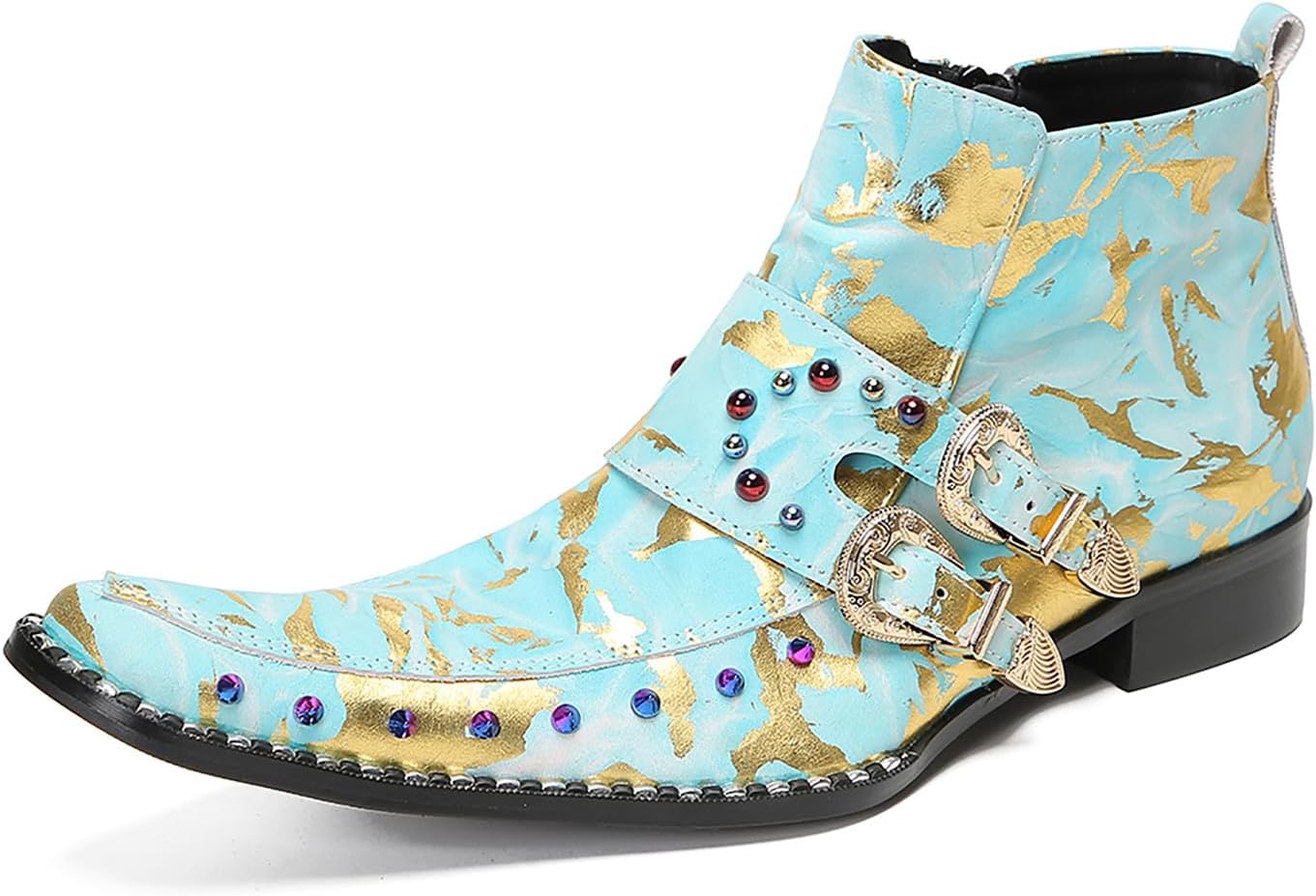 

Мужские повседневные ботинки Santimon Chelsea - настоящая кожа, ковбойские вестерн-бутсы с двойной пряжкой и разноцветными бусинами для вечеринок и бальных танцев