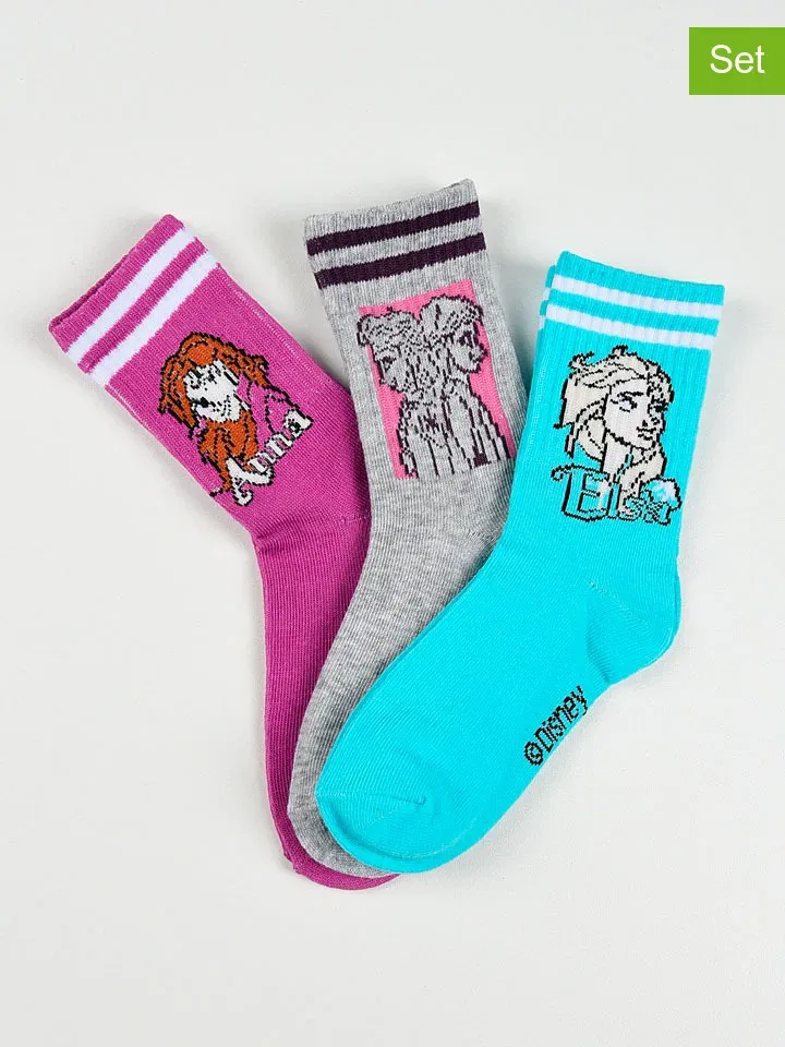 Носки, набор 3 пары, Frozen, серый/бирюзовый/фиолетовый