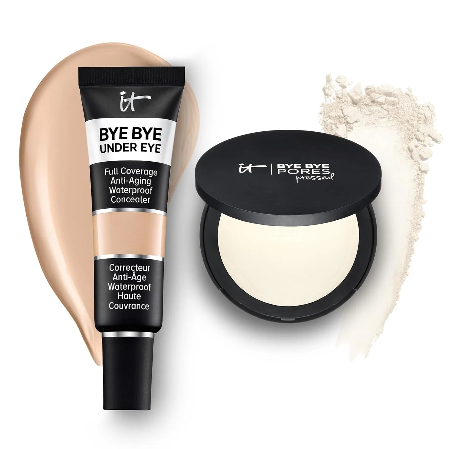 IT Cosmetics Bye Bye Undereye Full Coverage Eye Concealer, 20.0 Medium, 12 мл, для осветления и коррекции цвета, и Bye Bye Pores Pressed Powder, Translucent, для фиксации макияжа