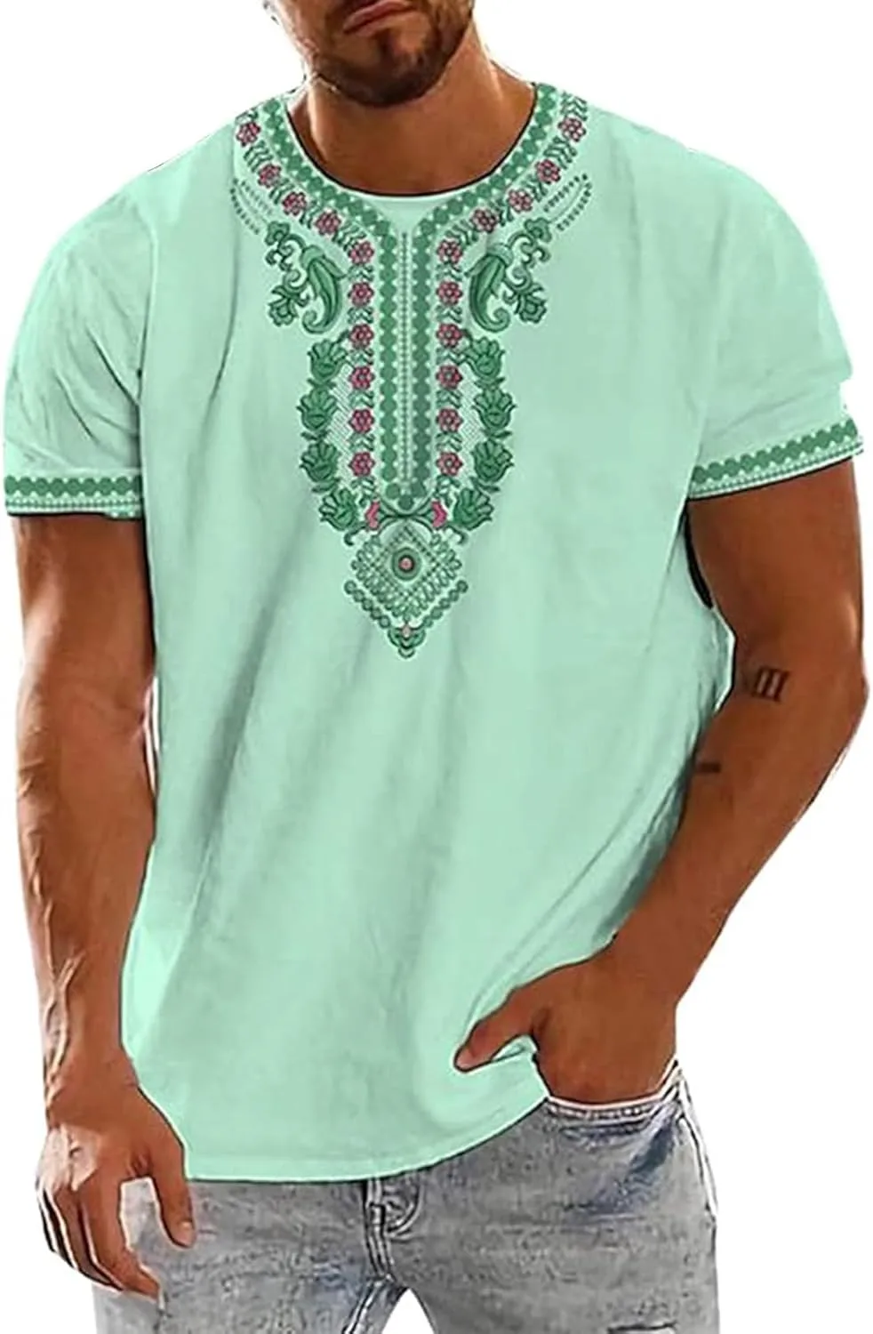 

Мужская футболка Boho с вышивкой, короткий рукав, свободный крой