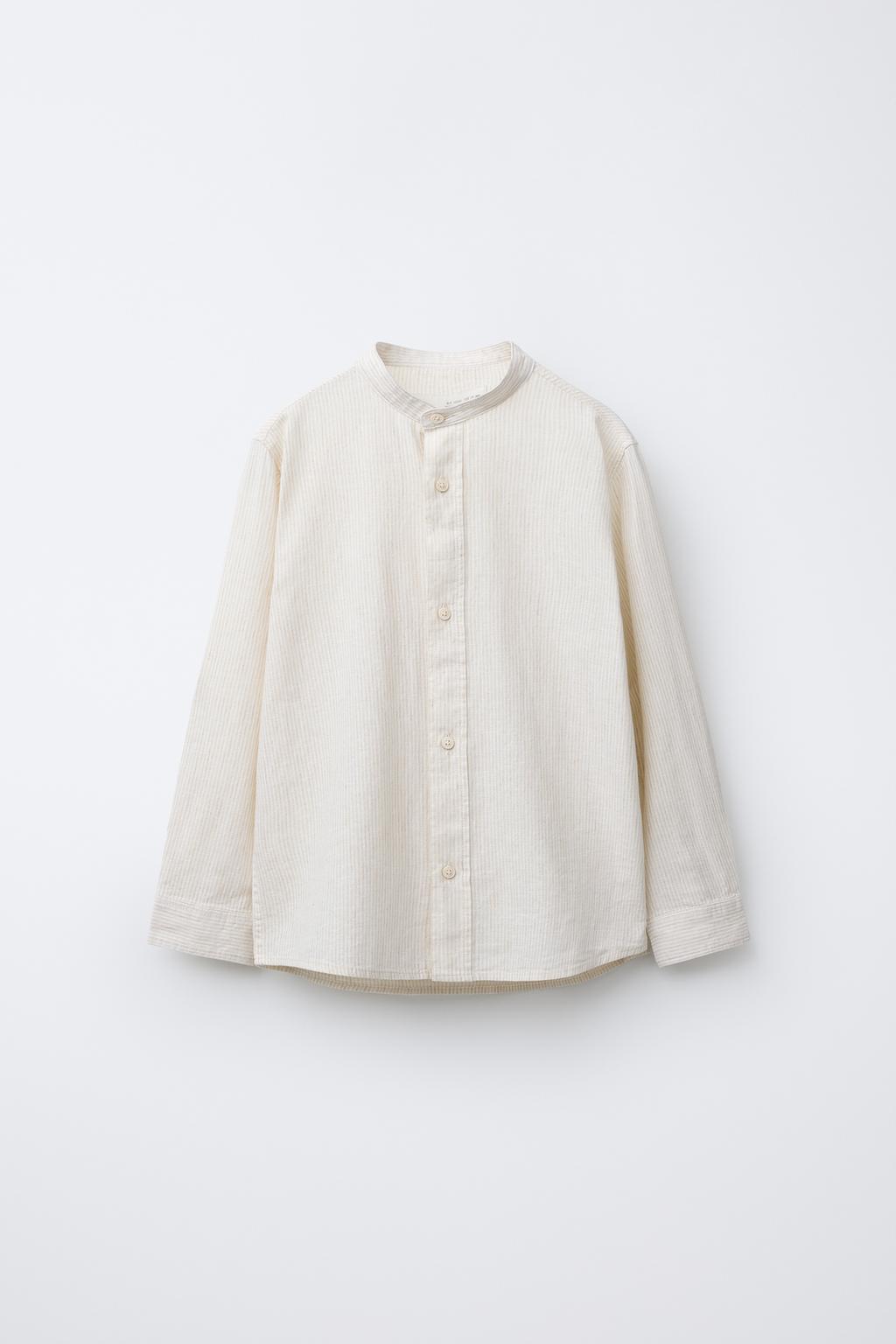 

Льняная рубашка в полоску с воротником-стойкой ZARA, песочный