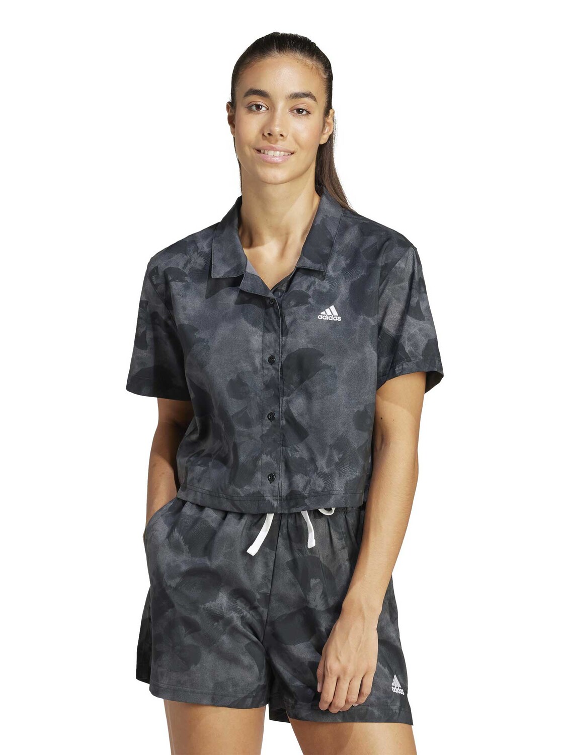 

Рубашка Adidas Sportswear Floral Graphic Crop Woven Polo Shirt, серый