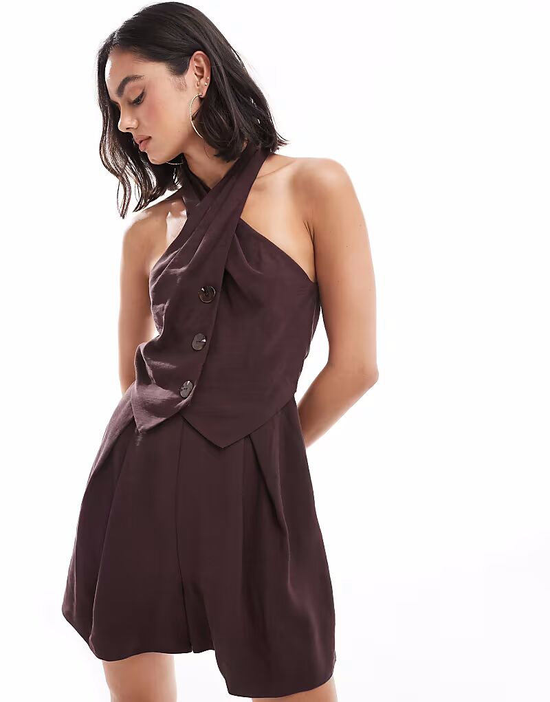 

Комбинезон с закручивающимся воротником и пуговицами ASOS DESIGN шоколадного цвета
