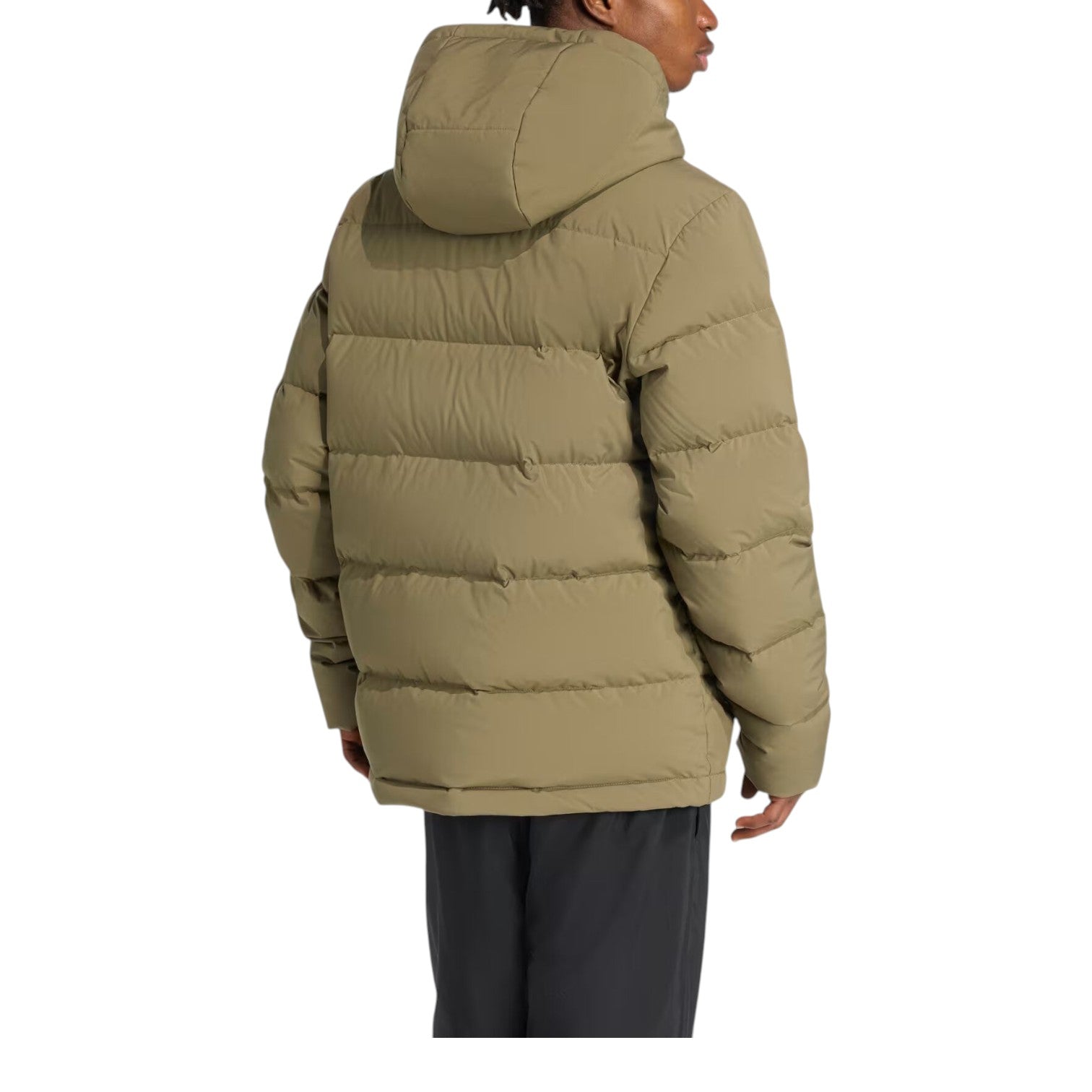 Пуховая куртка Adidas Helionic Climawarm с капюшоном, цвет 'Olive Strata', модель — фото 3