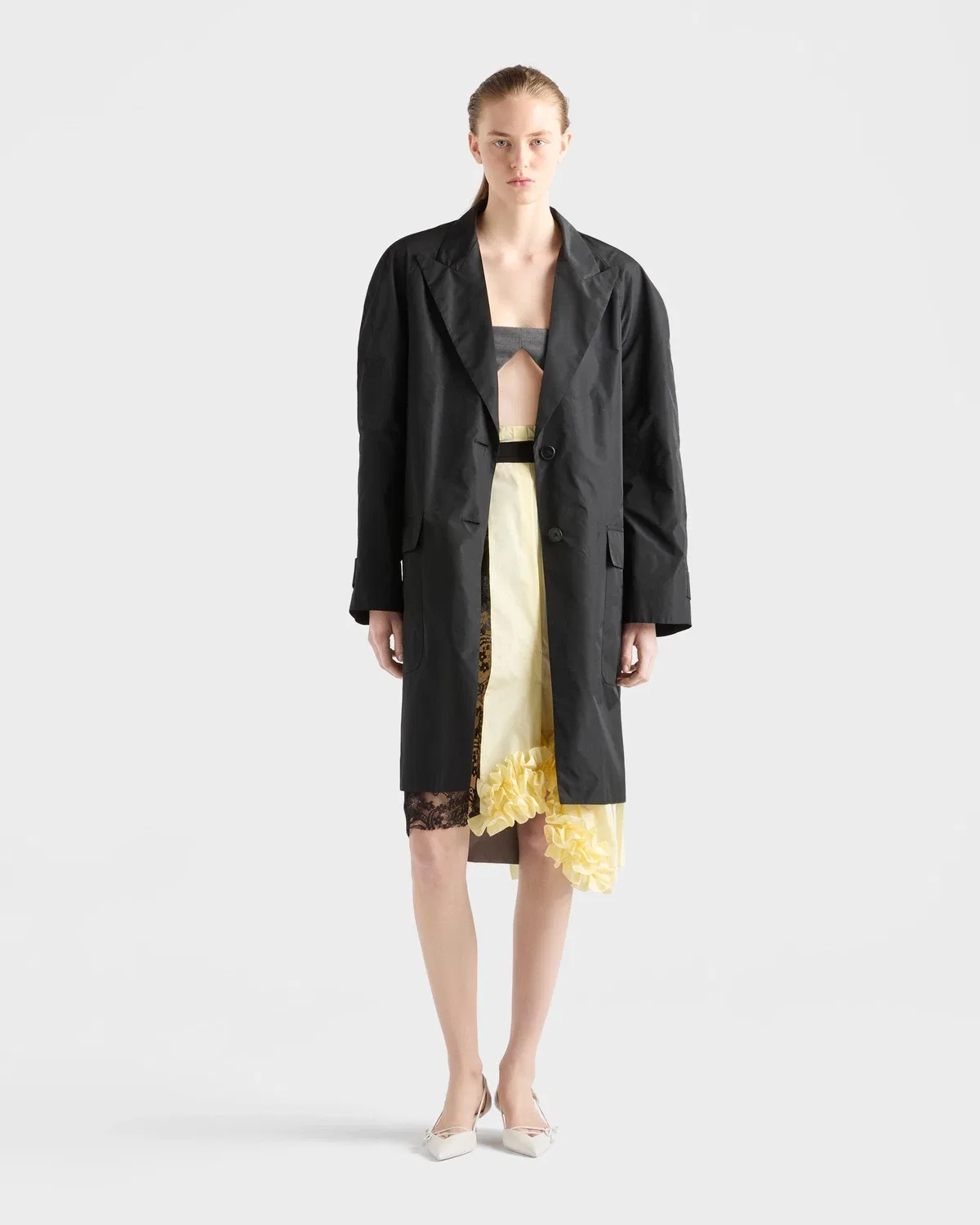 Однобортное пальто из технической тафты Prada, черный — фото 2