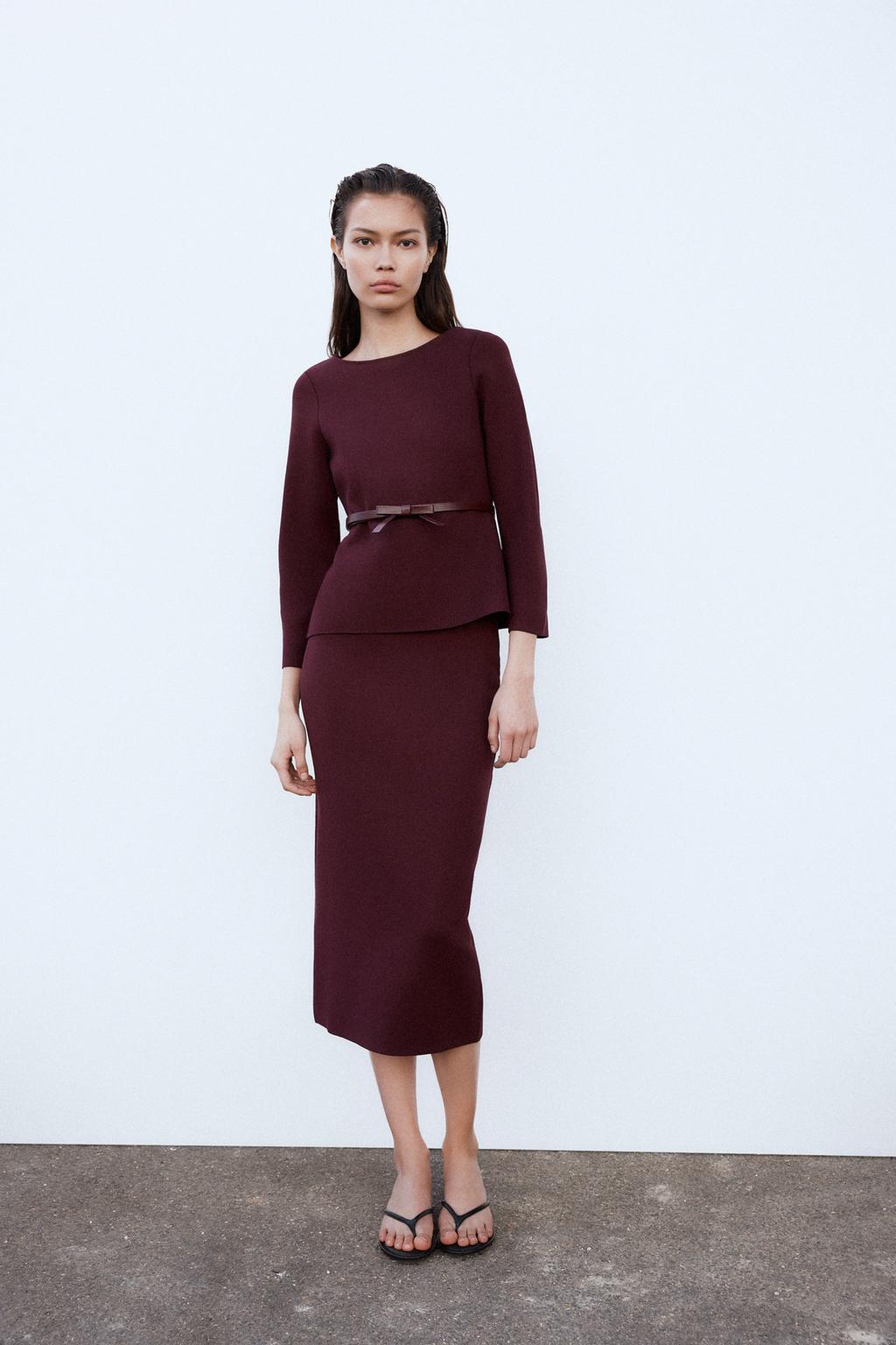 

Вязаный топ с поясом ZARA, бордовый
