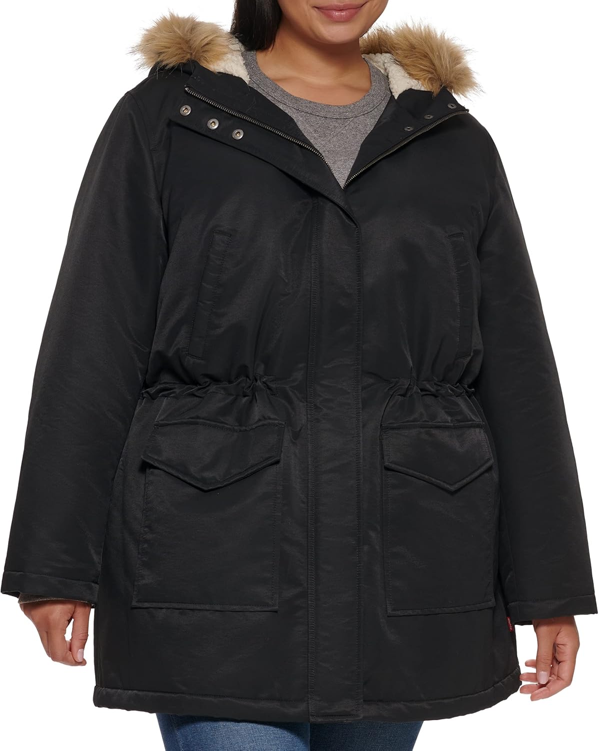 

Levi's Женская утепленная парка средней длины с искусственным мехом, Black/Sherpa Lining