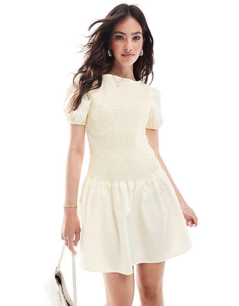 

ASOS DESIGN – Платье мини из лимонного поплина с рюшами и пышными рукавами