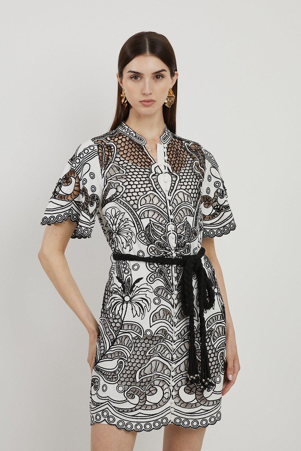 

Тканое мини-платье с вышивкой и поясом Karen Millen, мультиколор