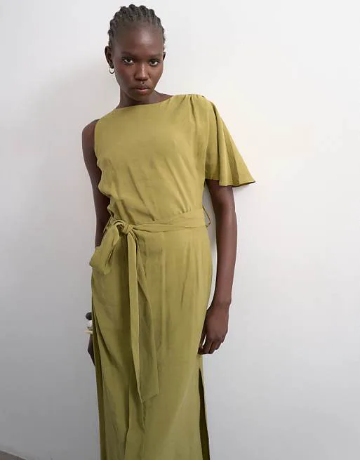 

Платье макси цвета хаки из купро с асимметричными рукавами и завязкой на талии Topshop