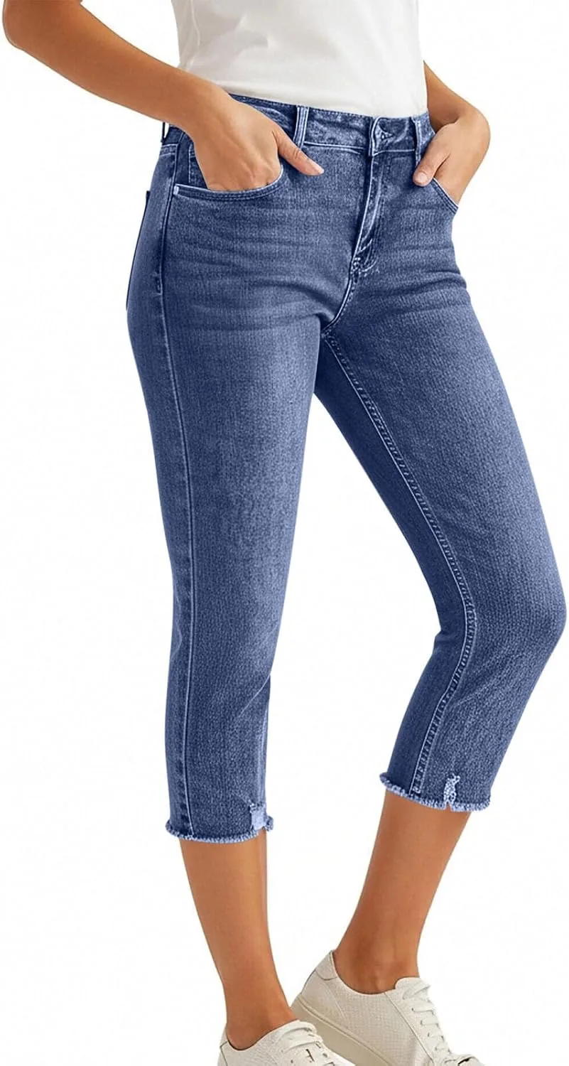 Женские джинсы с потертым краем High Waist Button Fly укороченные Stretch Slim Fit — фото 2