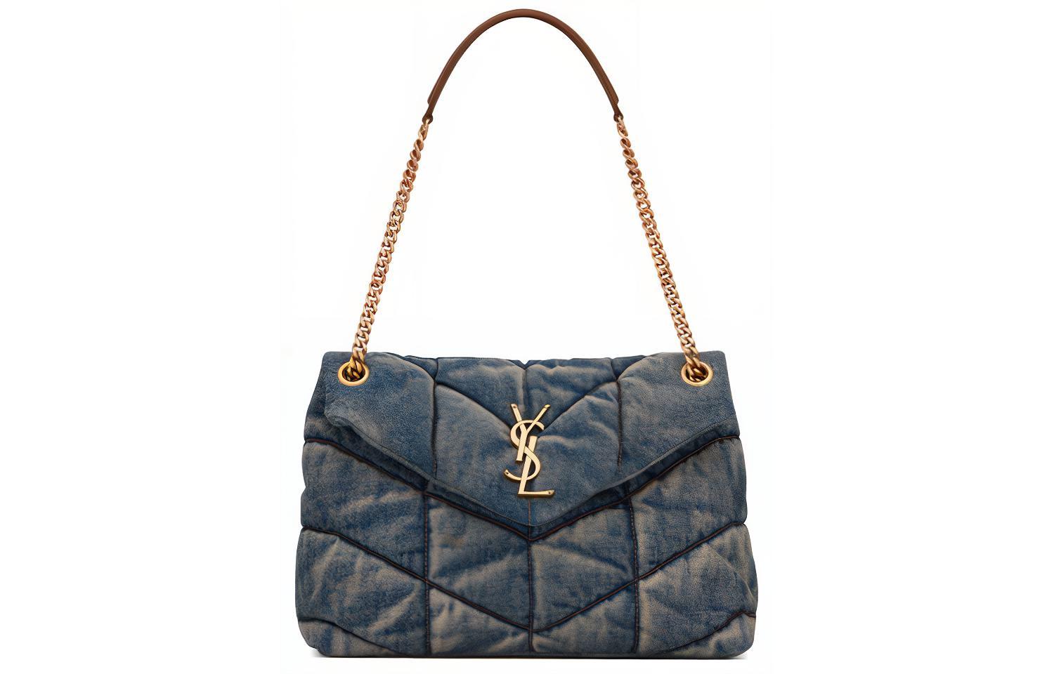 

Saint Laurent LOULOUPUFFER Хлопковая сумка-облако, сумка-подушка, сумка через плечо, сумка-кроссбоди, женская, джинсово-синего цвета