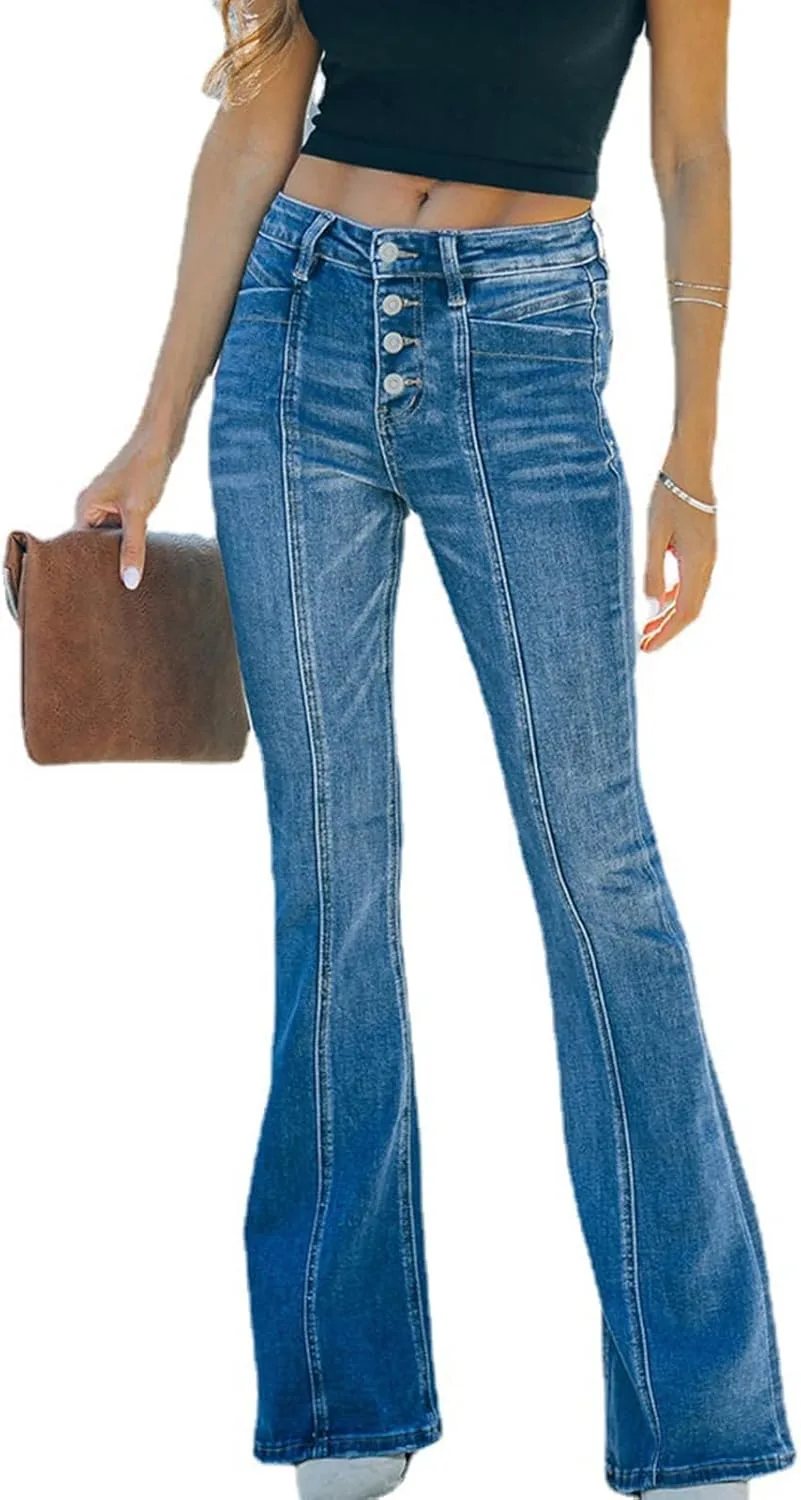 

Женские джинсы flare с 4 пуговицами, mid rise, потертые HOTIAN