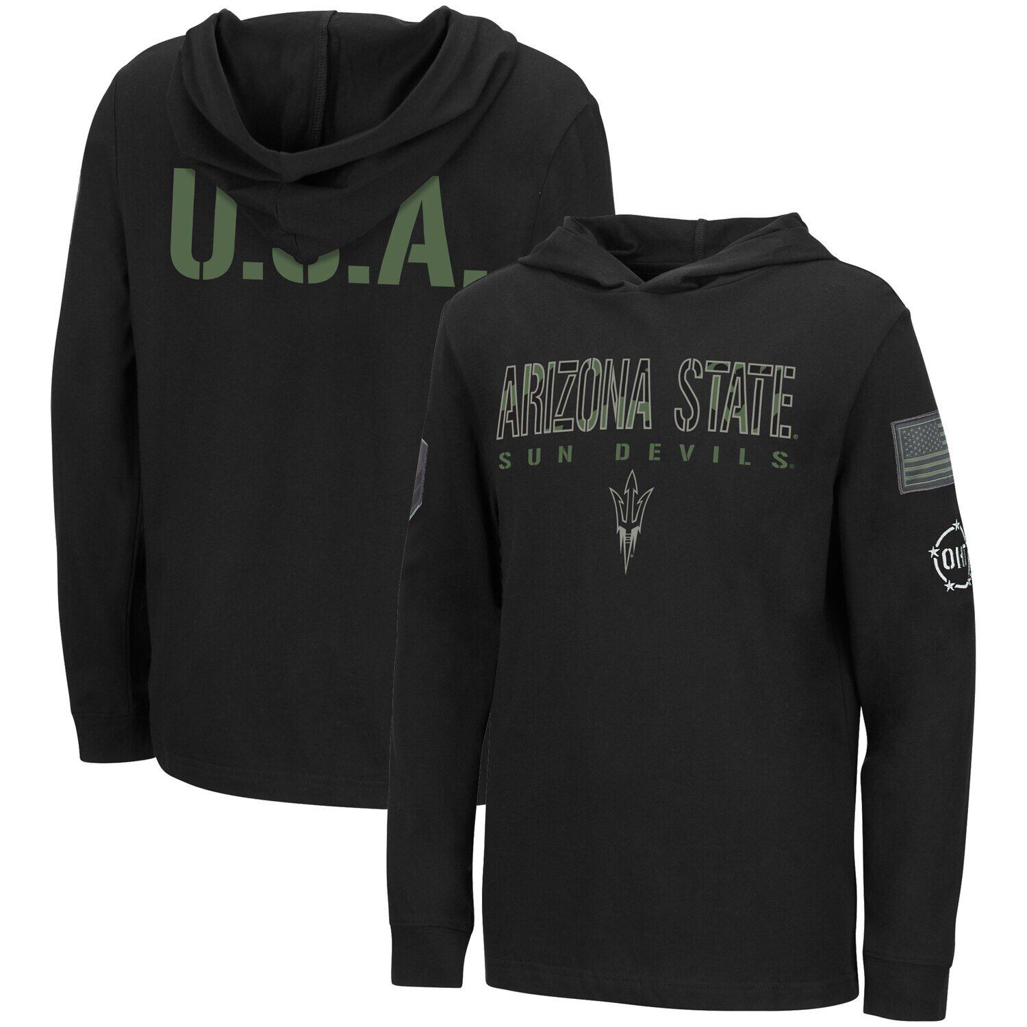 

Молодежная футболка Colosseum Black Arizona State Sun Devils OHT Military Appreciation Tango с длинными рукавами и капюшоном Colosseum
