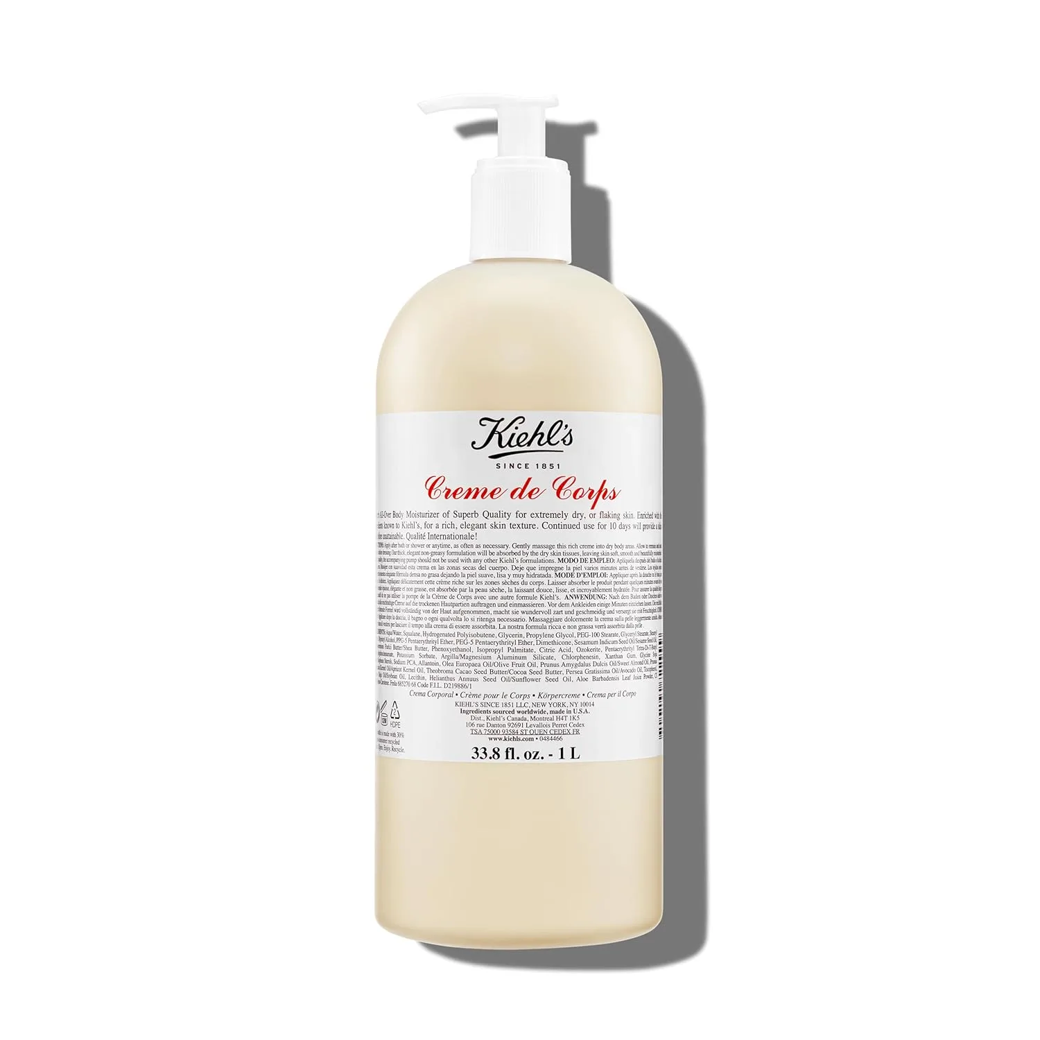 Kiehl's Creme de Corps - насыщенный, роскошный лосьон для тела с маслом какао и маслом ши для быстрого увлажнения, делает кожу мягкой и гладкой, подходит для всех типов кожи. 1000 мл / 1 литр