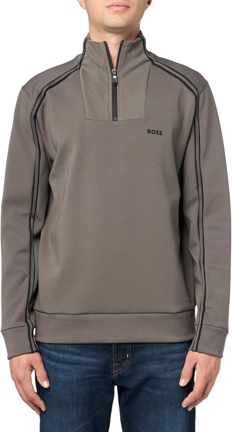 

BOSS мужской свитшот с небольшим логотипом, хлопковый, с молнией на четверть, Moonrock Grey