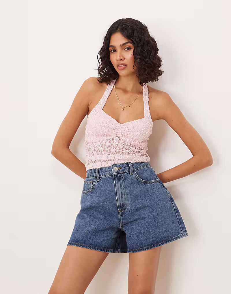 

Джинсовые длинные шорты ASOS DESIGN А-силуэта, короткие, средне-синего цвета