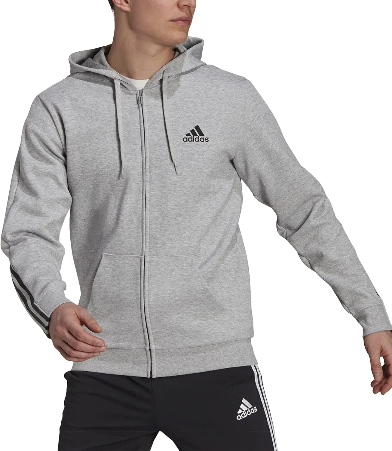 Толстовка Adidas Essentials Doubleknit Cut с капюшоном на молнии и тремя полосками, серый/черный