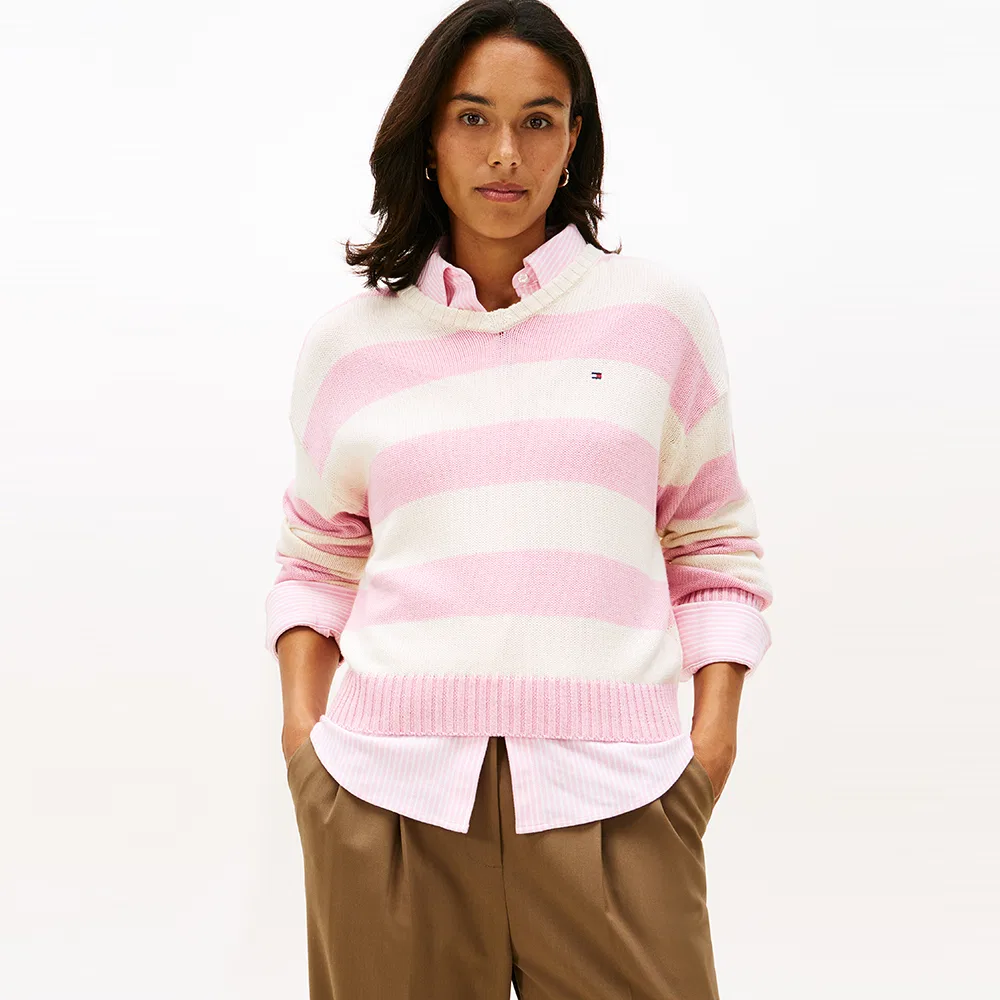Женский розовый джемпер с V-образным вырезом и полосками от Tommy Hilfiger Women
