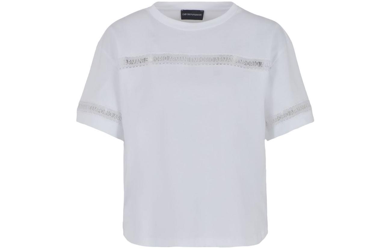 Футболка с вышитым логотипом и ажурной отделкой EMPORIO ARMANI, белая — фото 2