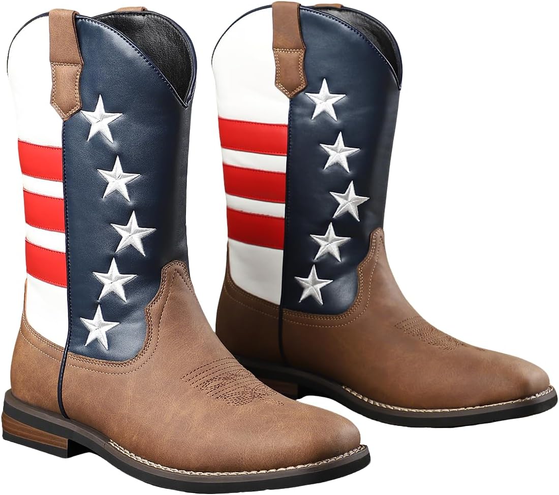 

Мужские ковбойские сапоги Santimon с западным дизайном «Звезды и Полосы», кожаные, с квадратным носком, для работы и верховой езды, Tan