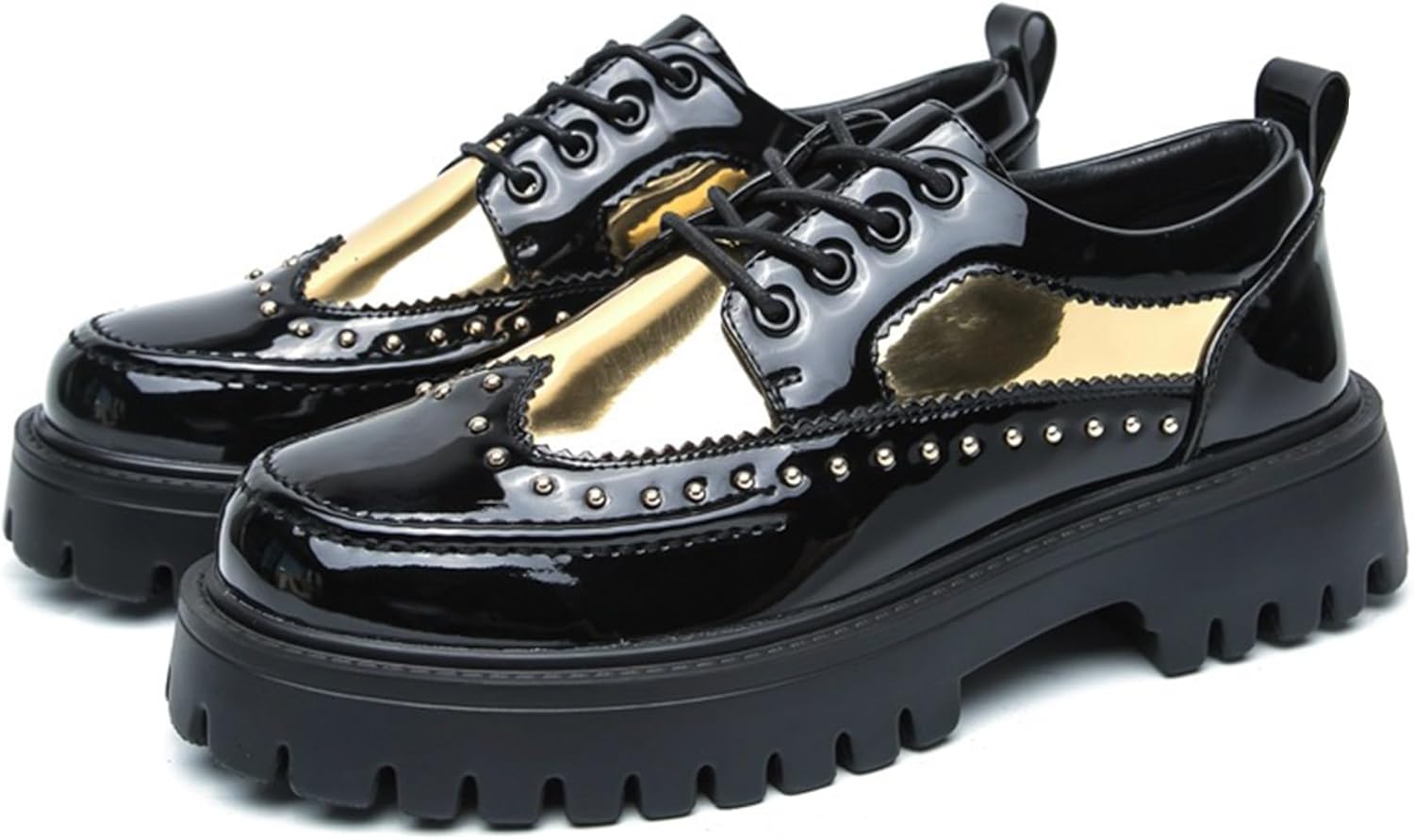 

Мужские лакированные туфли на платформе с классическим круглым носком, толстой рифленой подошвой, шнуровкой Оксфорд, комфортным массивным каблуком, дерби, для повседневного и делового стиля Devileyeze, черный