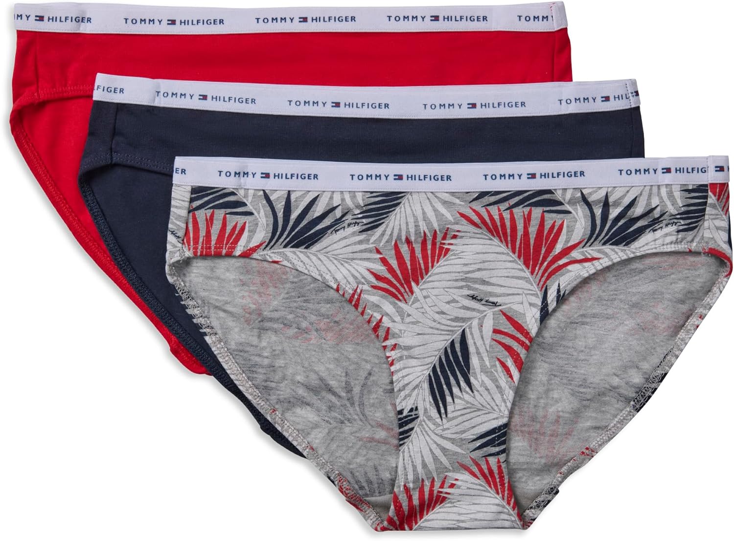 

Женские хлопковые трусики-бикини Tommy Hilfiger; 3 шт. в упаковке, Mini Phuket Palms Heather Grey/Navy Blazer/Apple Red