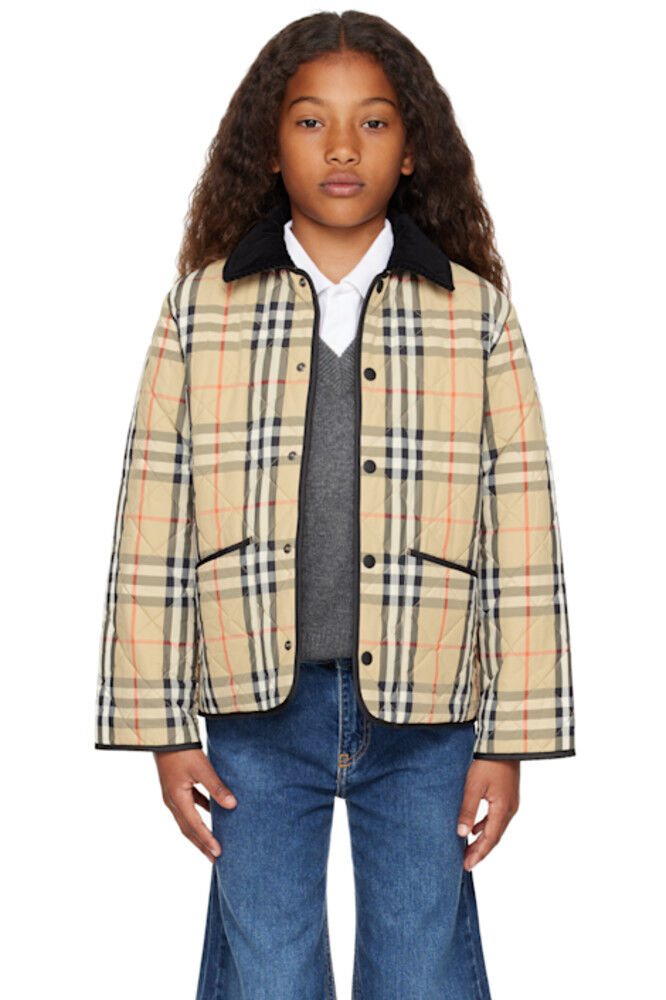 

Детская бежевая стеганая куртка в клетку Burberry