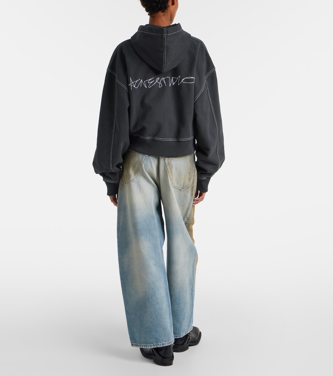 Толстовка с логотипом из хлопкового флиса на молнии Acne Studios, Faded Black — фото 3