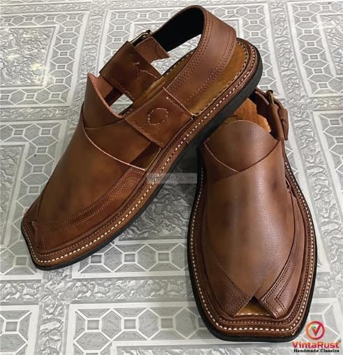Кожаные сандалии ручной работы Kaptaan Peshawari Chappal, традиционные сандалии из натуральной кожи, удобные мужские кожаные сандалии Generic, коричневый — фото 3