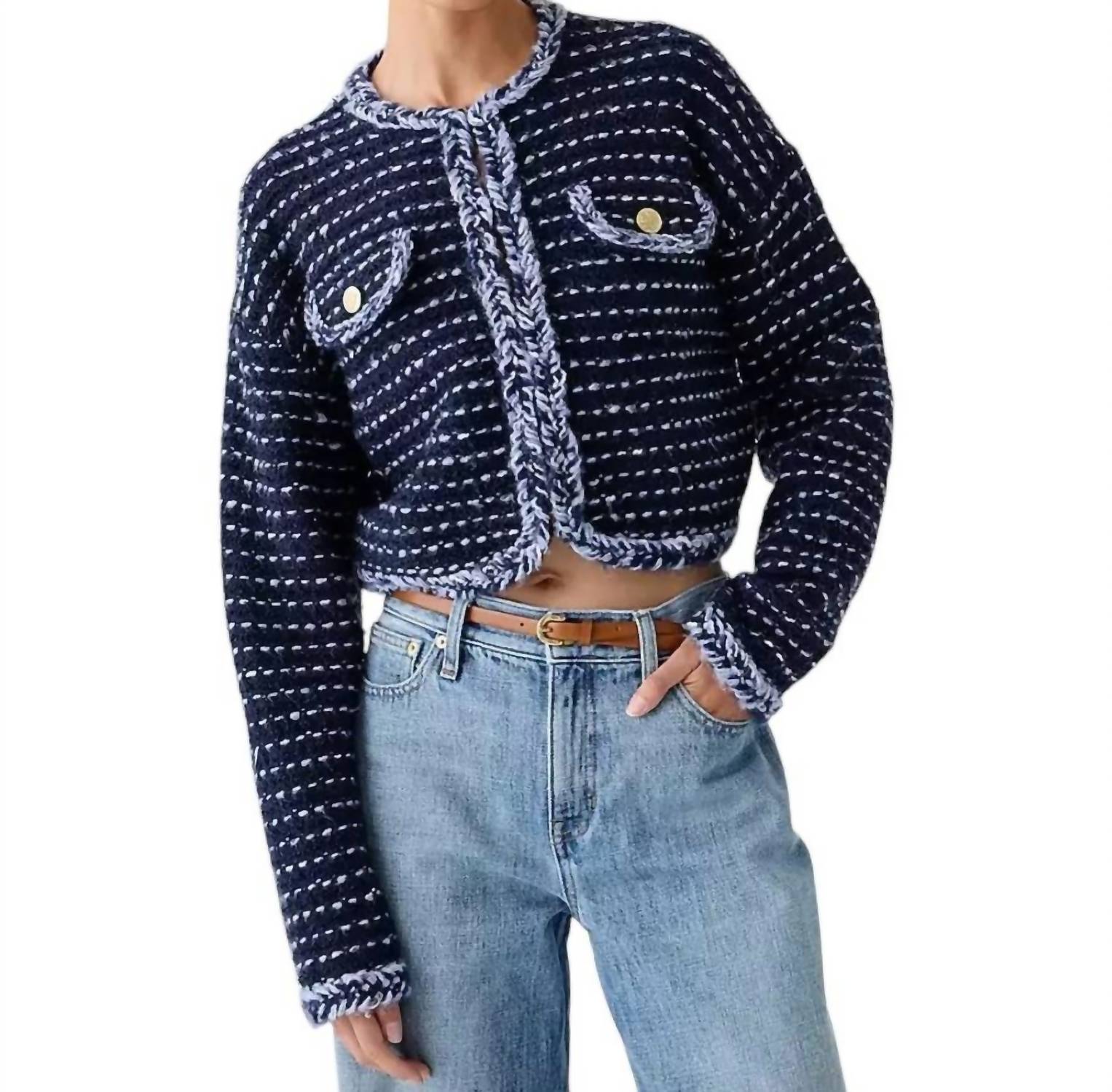 

Укороченная женская куртка из меланжевой пряжи темно-синего цвета J.Crew