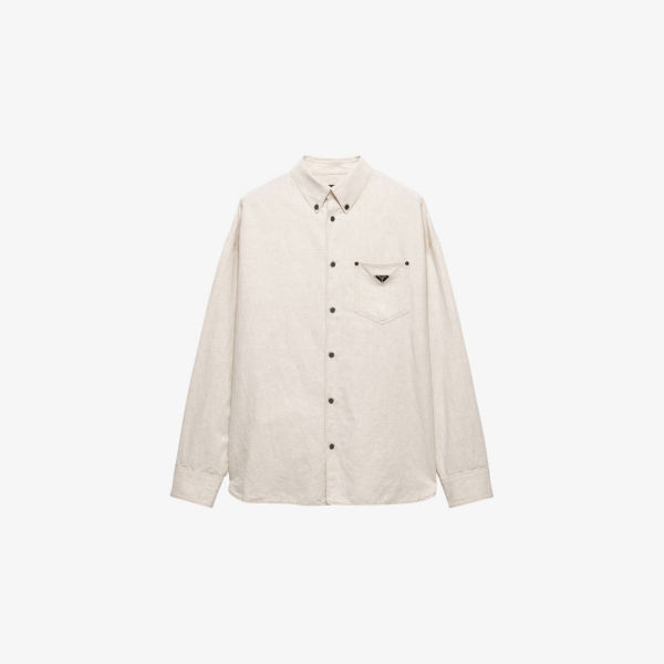 

Рубашка из смесового хлопка и льна в стиле chambray, классического кроя, с треугольным логотипом Prada, бежевый