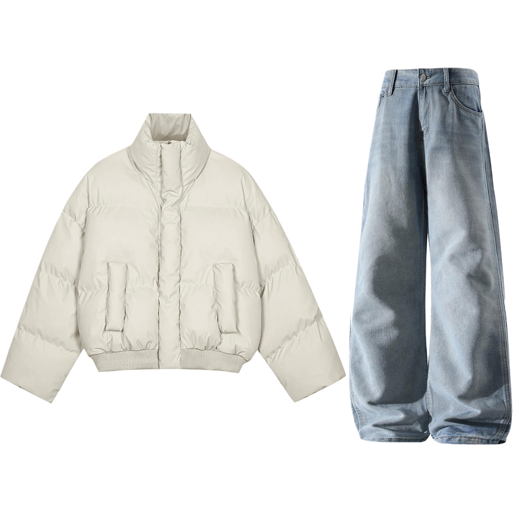 

Повседневный спортивный костюм Unisex с воротником стойкой утепленный X1617, экрю puffer jacket+синий pants