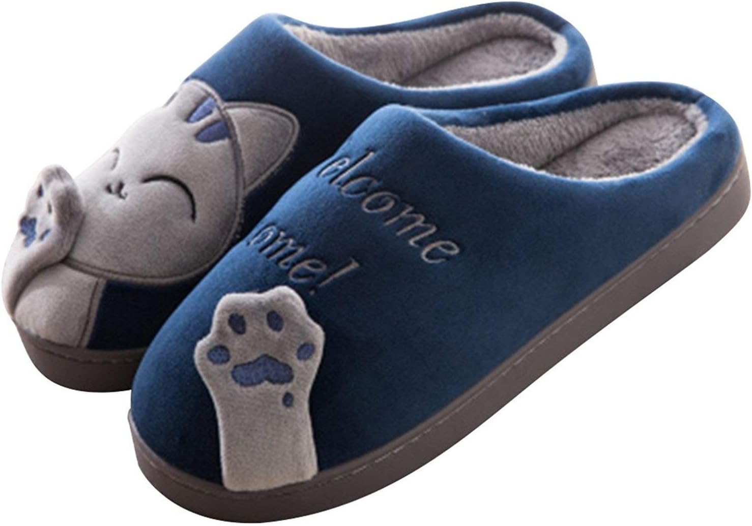 

Женские тапочки Rojeam с милым котиком, плюшевые, зимние, теплые, для дома, против скольжения, для женщин и мужчин, синий