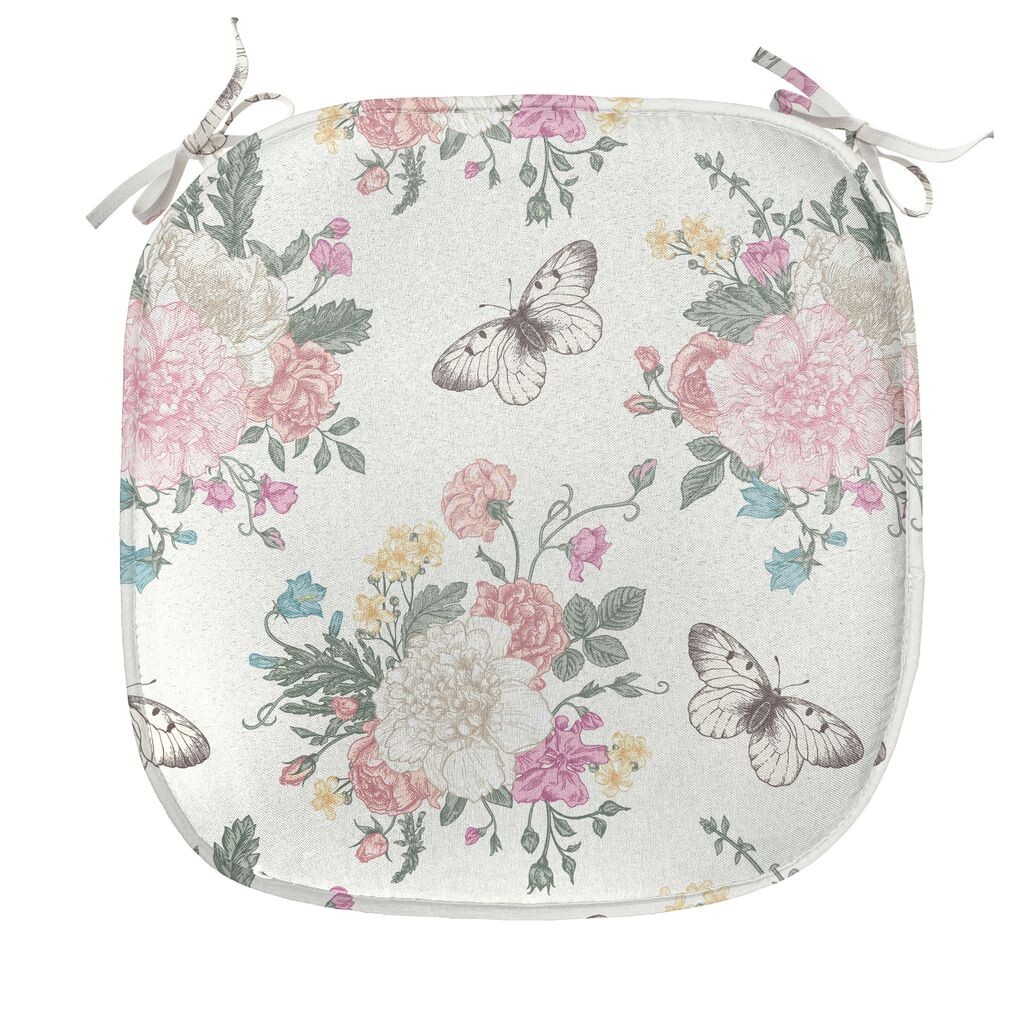 

ABAKUHAUS Подушка для обеденного стула Shabby Flora, букет роз, декоративная водонепроницаемая подушка с ремнями для кухонных сидений, 40 см x 40 см, бледно-розовый зеленый, белый